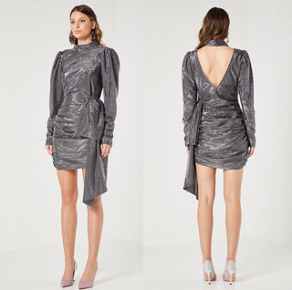 Sequin Sequin Long Sleeves Bow on the side triangle Open Back Mini dress
