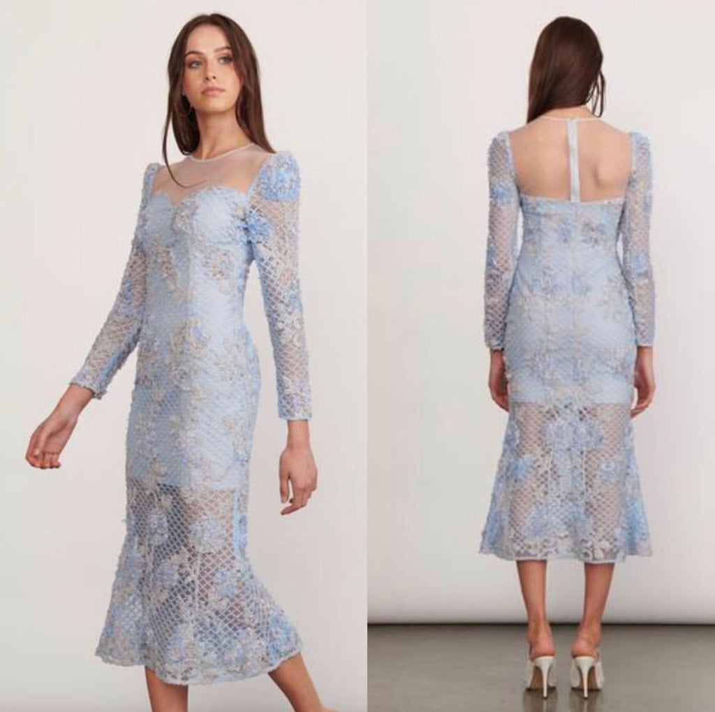 Blue lace midi dress with sleeves hotsell